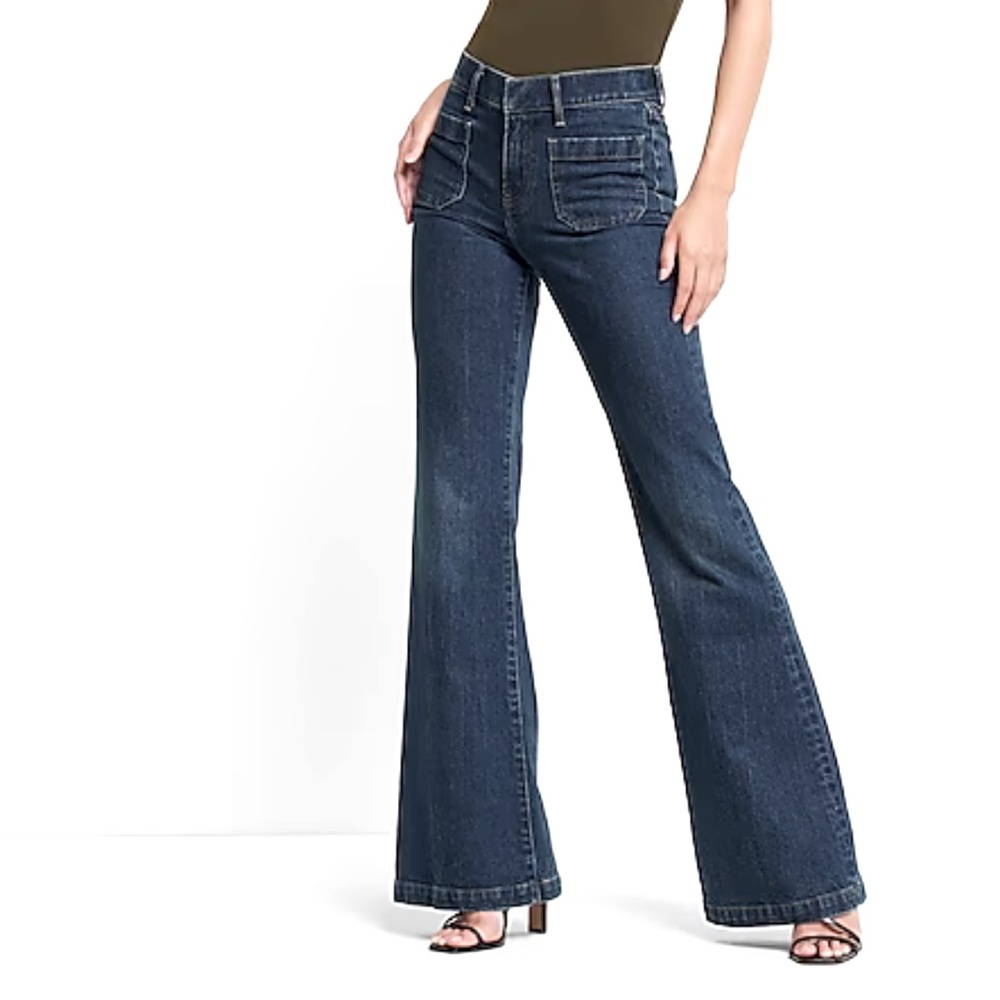 Mid Rise Dark Wash Patch Pocket '70s Flare Jeans